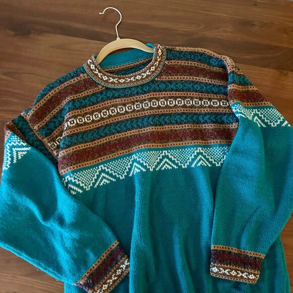 Vintage Sweaters - Vintage Oversized Teal Grandpa Slouchy Pullover Sweater